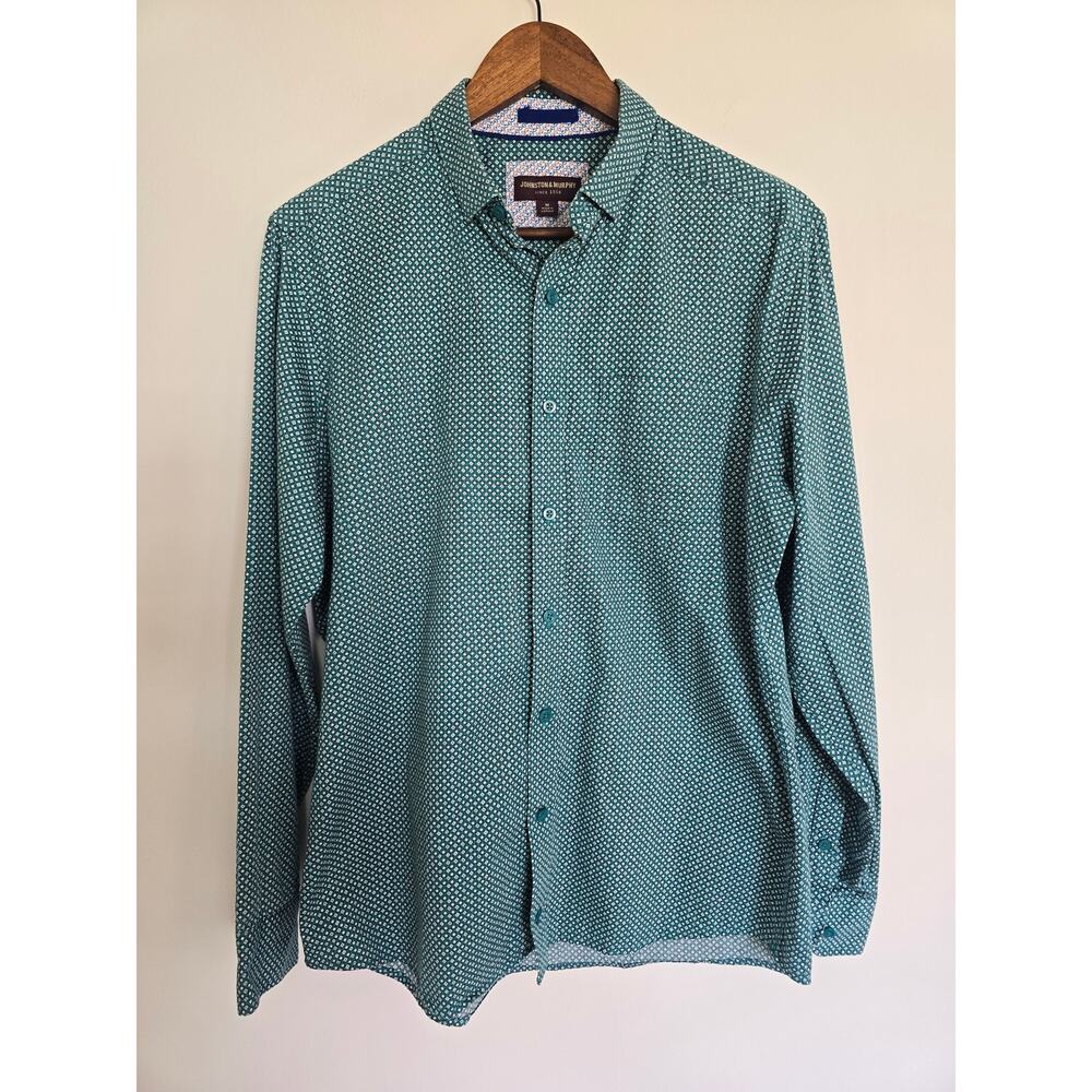 Johnston & Murphy Green Geometric Button Down Shirt Size: M Cotton